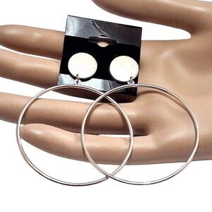 2 3/4" Flat Disc Hoop Pierced Stud Post Earrings Silver Tone Thin Open Ring